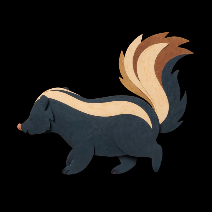 Animated Paper Cutout Style Skunk Walking on Black Background