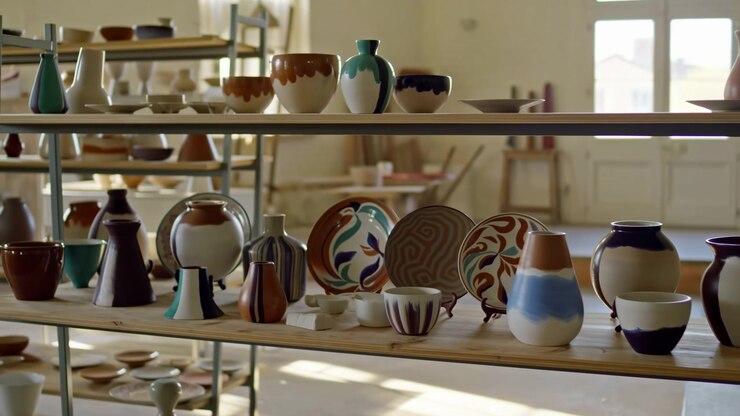 Rows of ceramic vessels remain displayed on shelving as sunlight enters room, revealing different shapes, patterns, and glazed finishes in calm indoor arrangement with warm tones and clear details.
