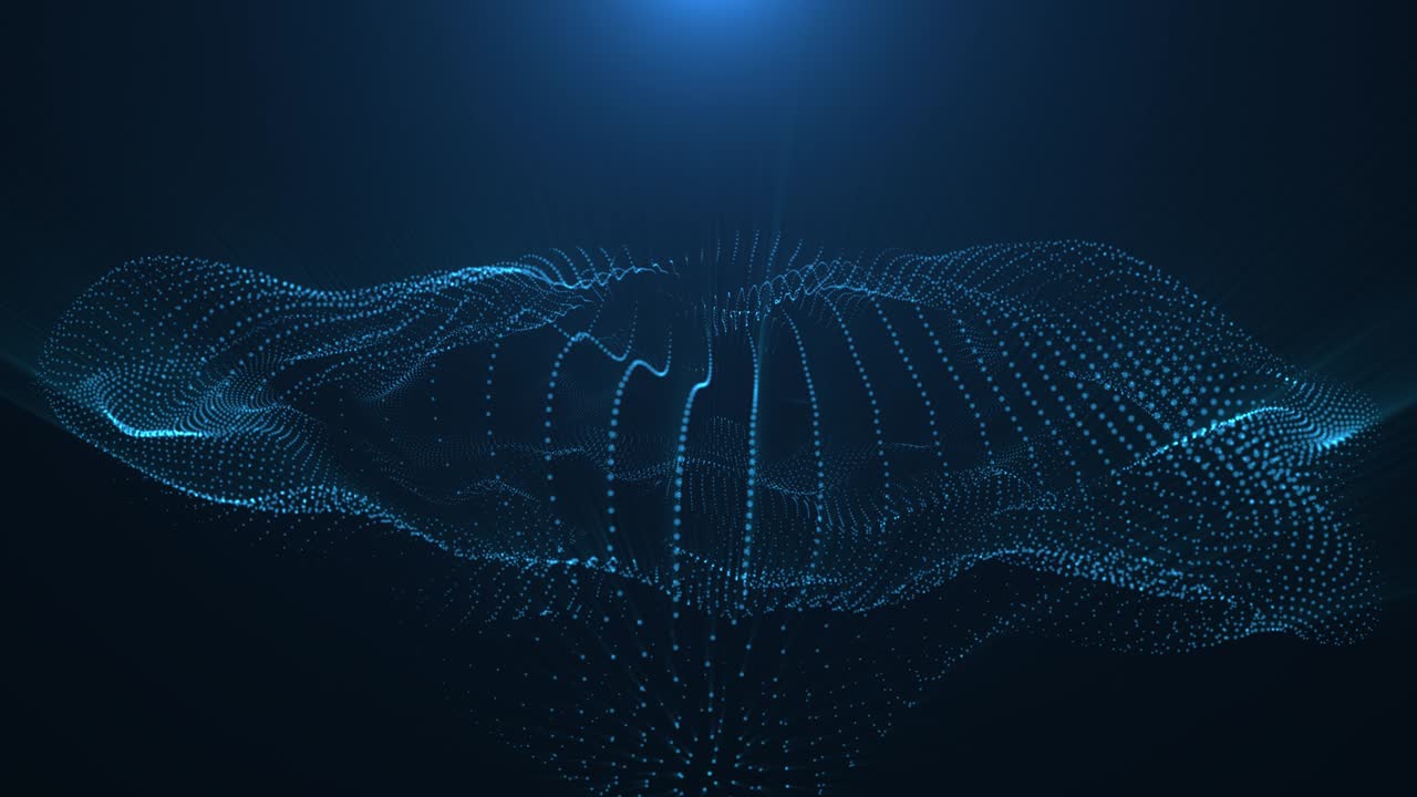 Sci-fi abstract theme with particle waves. 4k looping abstract Blue background of glitter particles form curved lines, symmetrical structures surfaces. Digital background with particle hologram