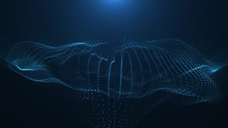 sci-fi abstract theme with particle waves. 4k looping abstract blue background of glitter particles form curved lines, symmetrical structures surfaces. digital background with particle hologram