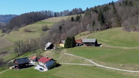 traditional slovenian house on a hill, bed and breakfast concept, eco tourism, aerial cirlcing