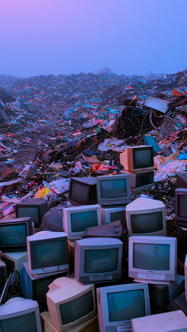 Video verticale: Telecamera che zooma mostrando schermi CRT impilati in una discarica di rifiuti elettronici, esponendo cavi aggrovigliati