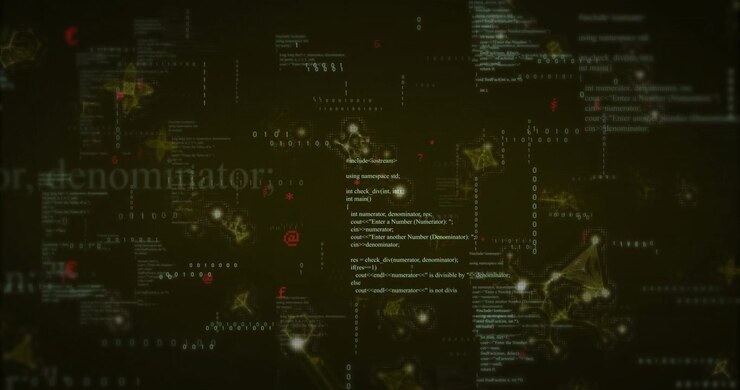 Frammenti di codice che appaiono, cifre scintillanti a cascata e nodi che si connettono per la visualizzazione di rete.