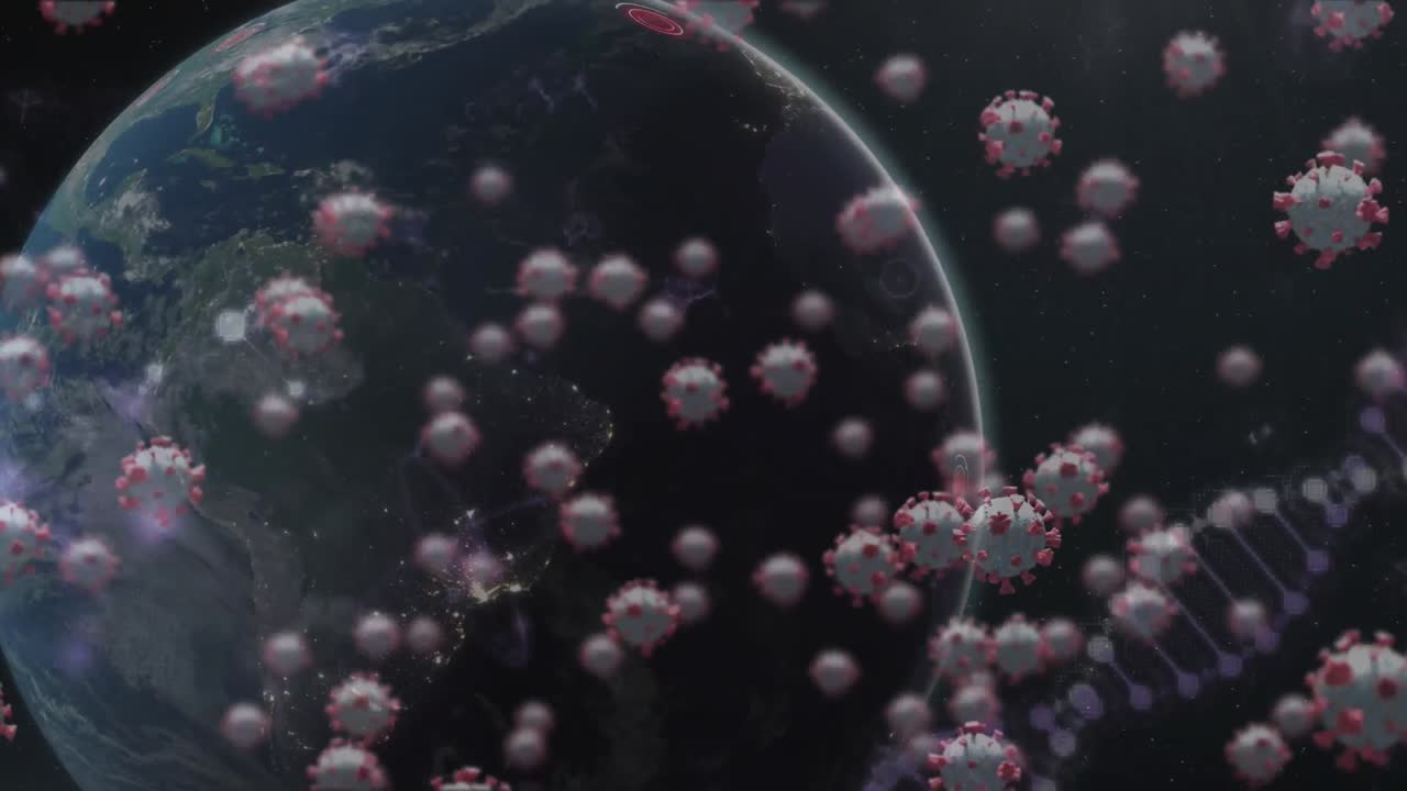 Struttura del DNA e cellule Covid-19 con un globo