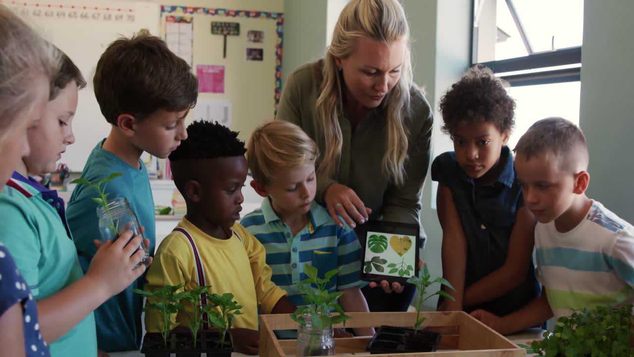 maestra que enseña sobre plantas en clase