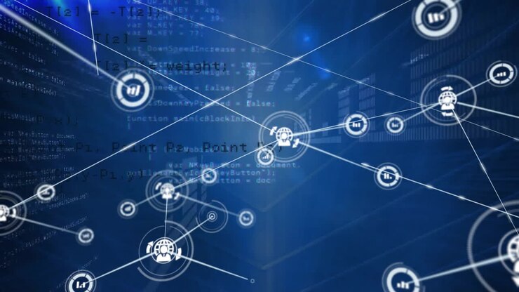 Animation of network of connections with icons over data processing on blue background