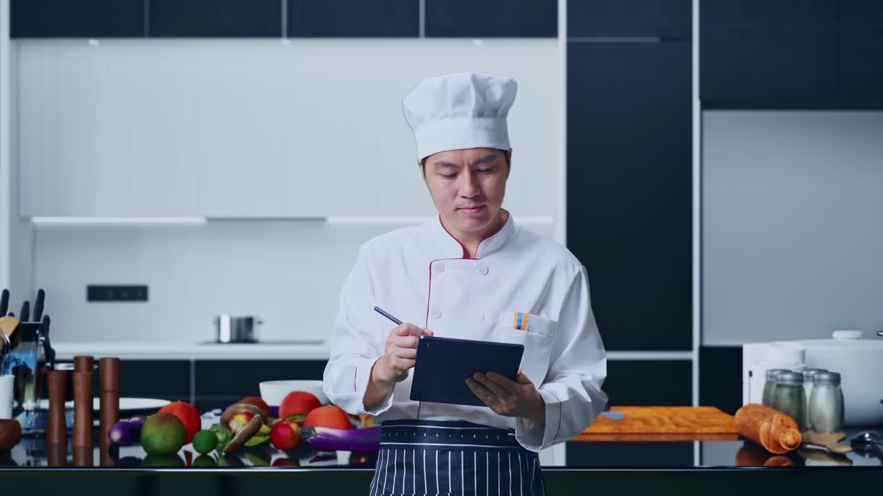 un chef asiático tomando nota en una tableta mientras está de pie en la cocina de su casa