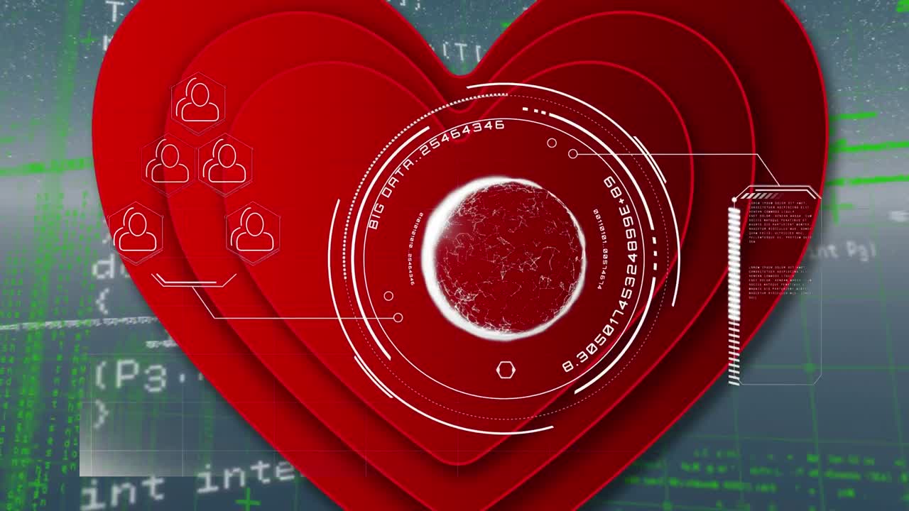 데이터 처리의 애니메이션과 파란색 배경에 있는 심장