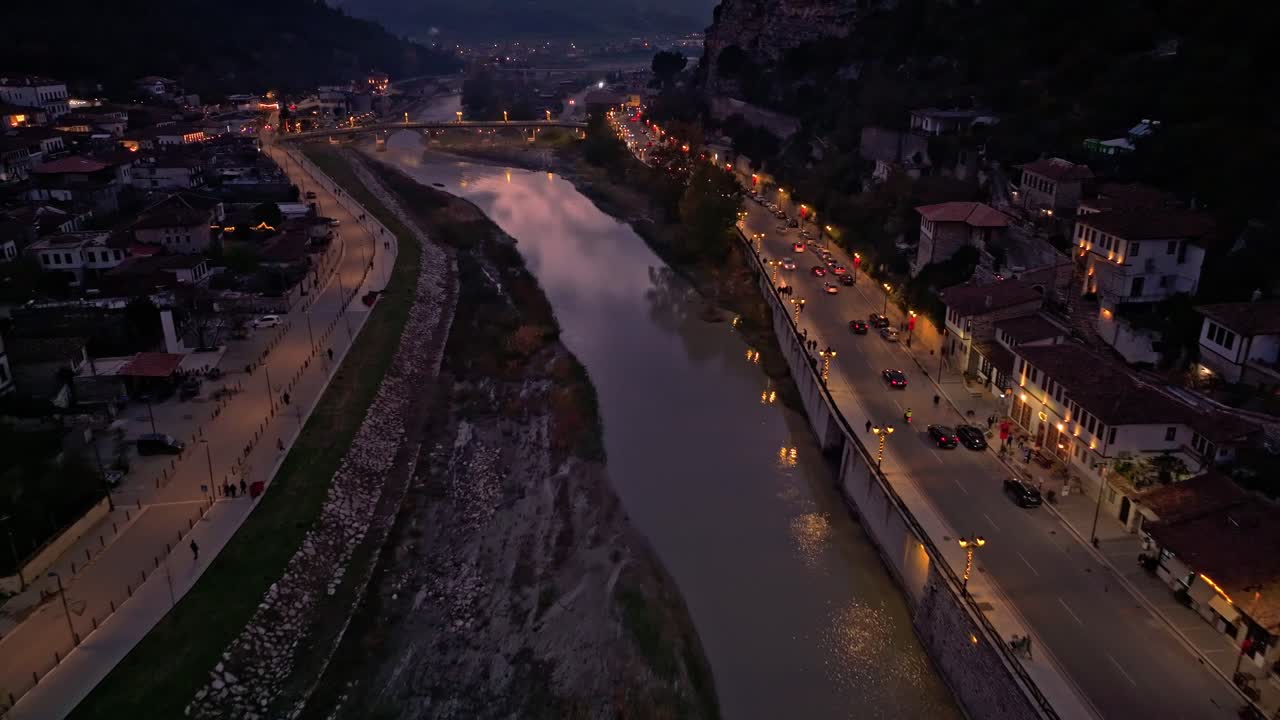 Aerial view of Berat's historic town at dusk with scenic lighting