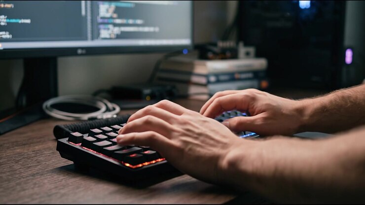 Close-Up of Hands Typing Code on RGB Mechanical Keyboard