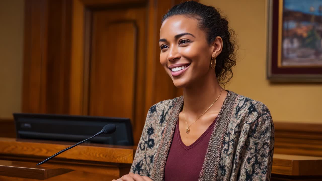 A Confident Woman Speaking at a Podium in a Courthouse Setting, Showcasing Poise and Engagement While Addressing an Audience in a Professional Environment, Emphasizing Assertiveness and Communication Skills