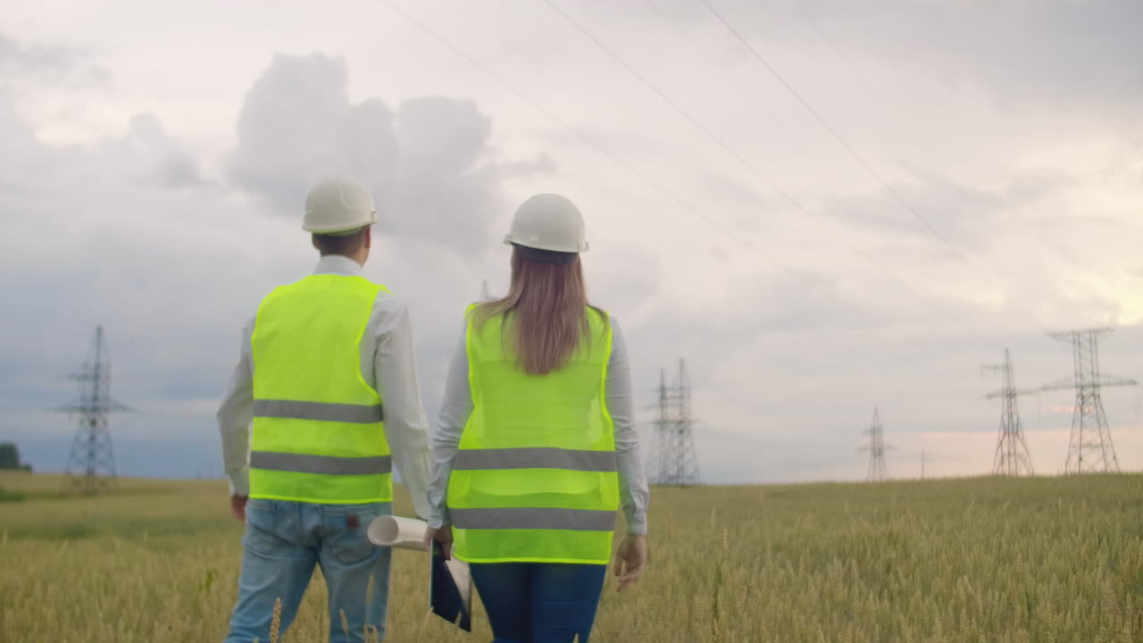El ingeniero y el controlador, con una tableta PC y planos sobre líneas y torres de transmisión, discuten el plan de expansión y el transporte de energía para pueblos y ciudades.