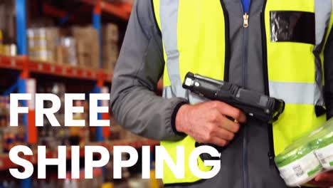 animation of the words free shipping over man working in a warehouse, scanning barcodes