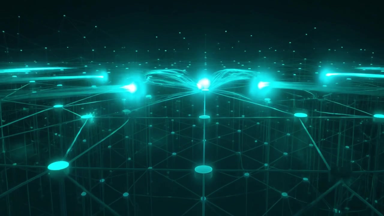 Glowing Digital Network Grid with Data Flowing Between Nodes