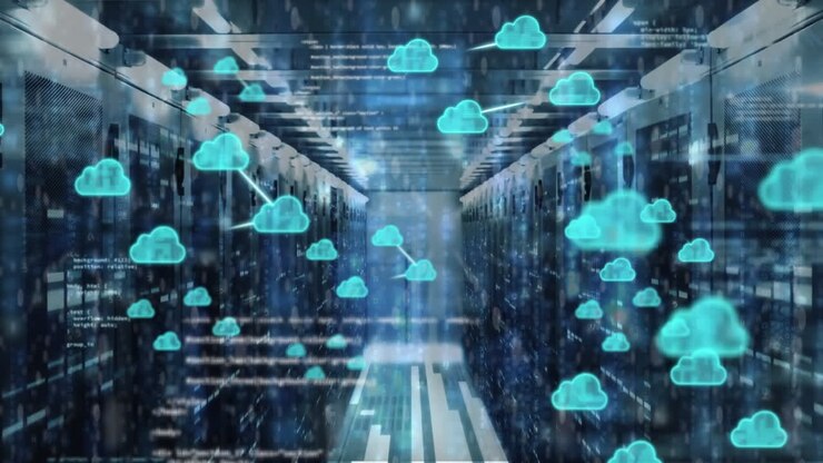 Animation of cloud icons and data processing over computer servers