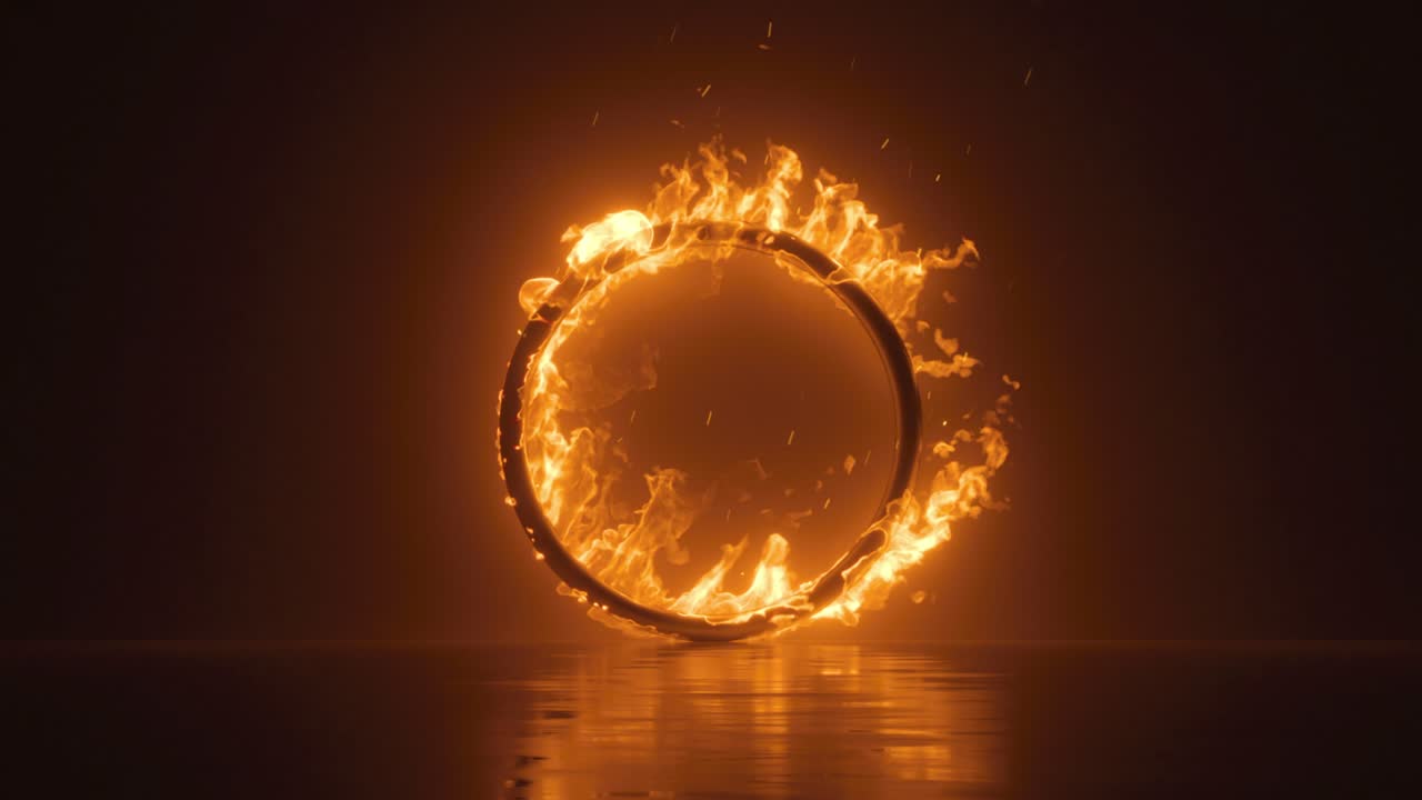 animación 3d, fondo abstracto con anillo en llamas, marco redondo en llamas