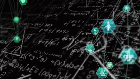 animation of two globes of medical icons spinning over mathematical equations on black background