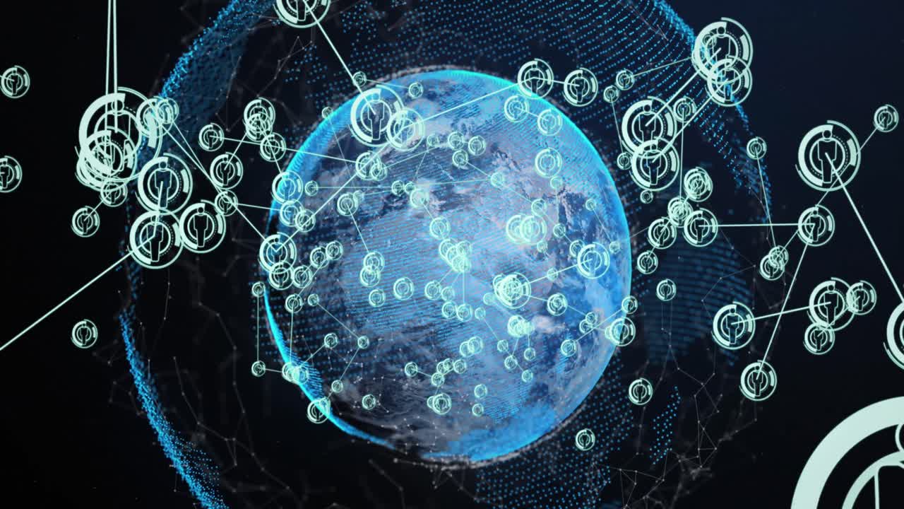 Animation of connected icons over connected dots around globe against black background