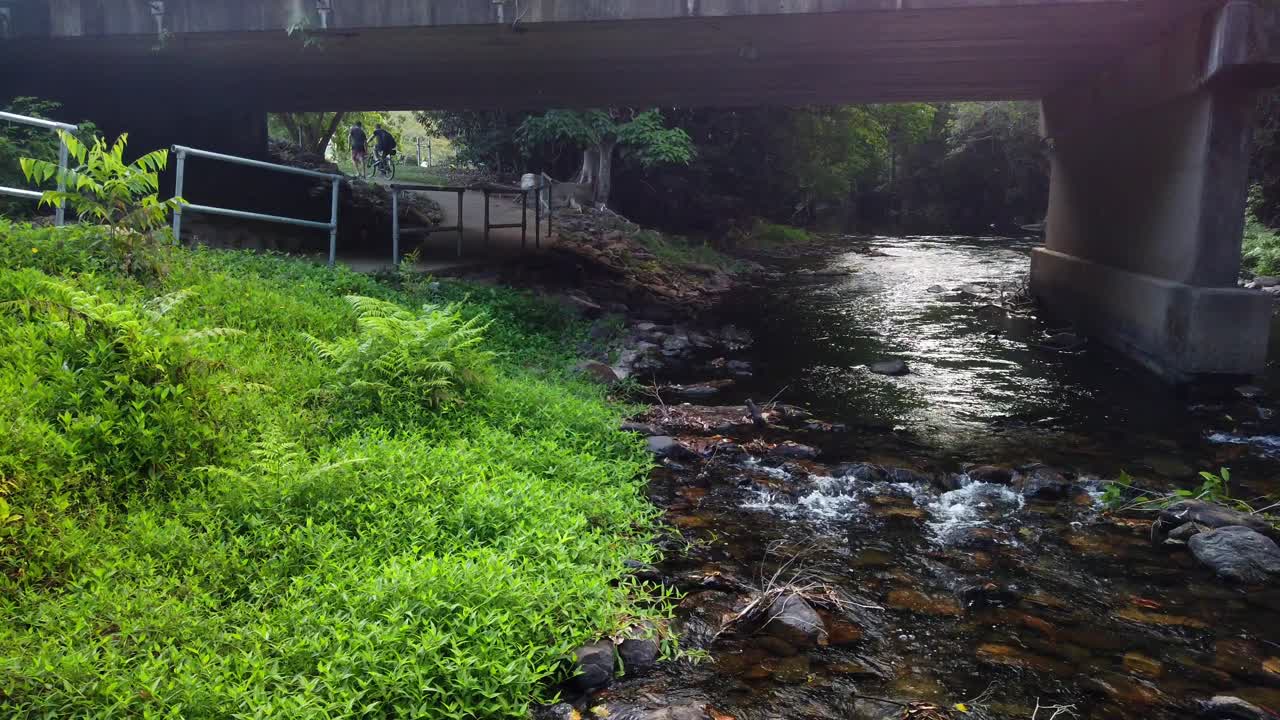 water flowing under a bridge with people walking on the side footpath