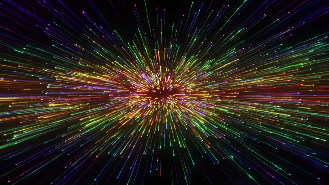 Vibrant Energy Burst: A Stunning Visual Experience of Colorful Light Streams Radiating in All Directions, Capturing Motion and Dynamic Flow in a Cosmic Display