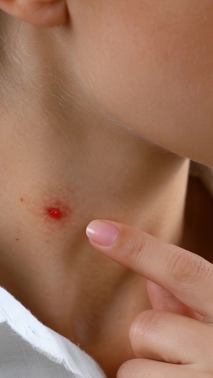 Esame ravvicinato di una protuberanza rossa sul collo, che evidenzia la texture e i dettagli della pelle per un'osservazione più approfondita.
