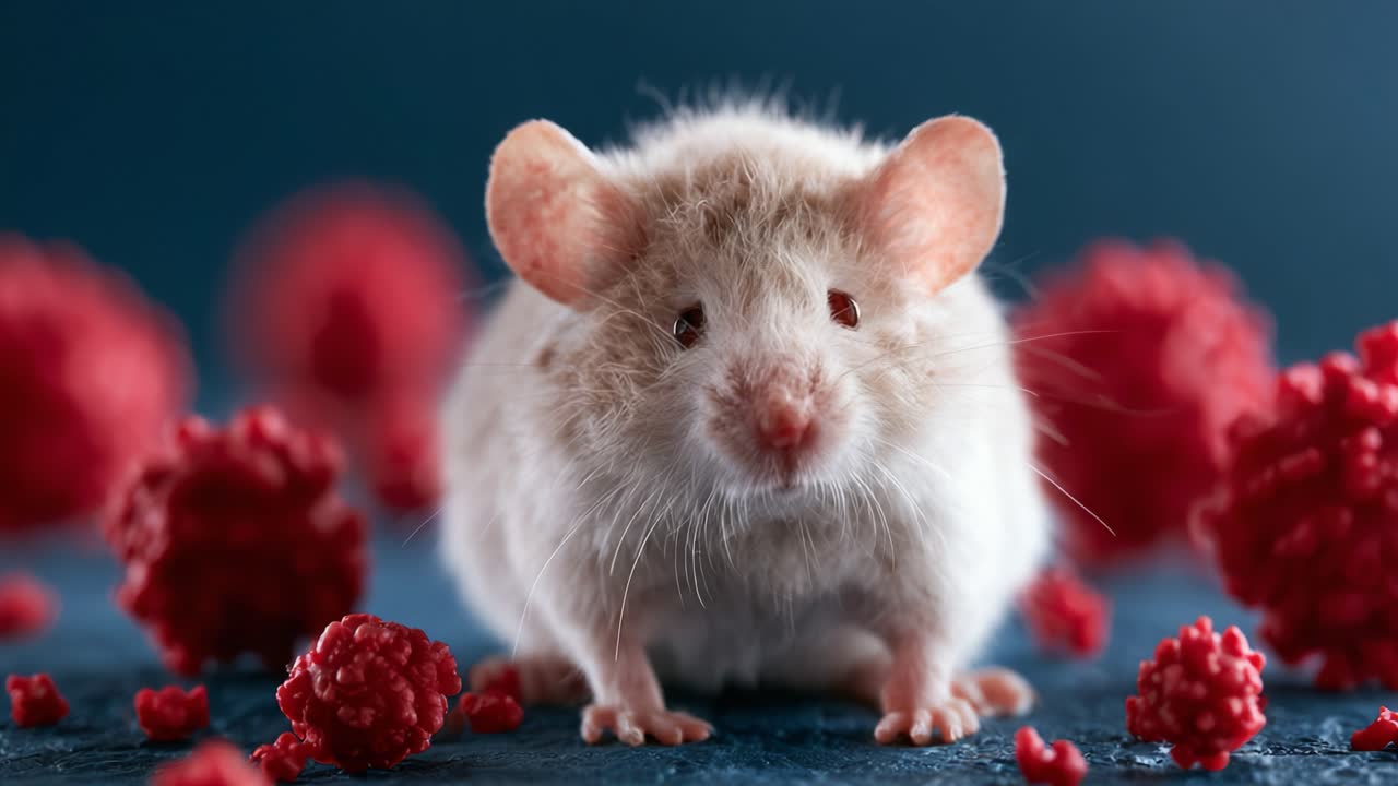 Un primo piano di un topolino curioso circondato da bacche rosse, che mostra i suoi baffi e la sua morbida pelliccia in un ambiente vibrante e colorato