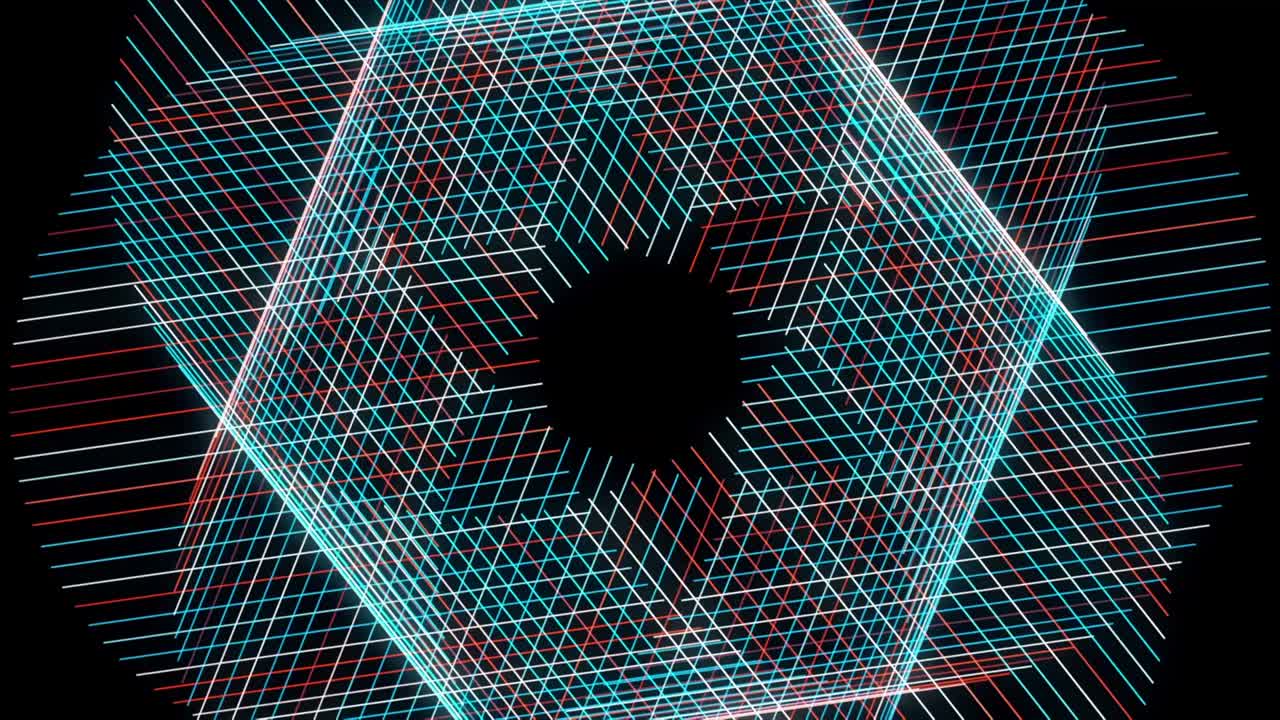 patrón giratorio caleidoscópico colorido. animación. abstracto azul y rojo líneas rectas estrechas que se cruzan y forman una figura giratoria 3d que parece una flor, bucle sin costuras