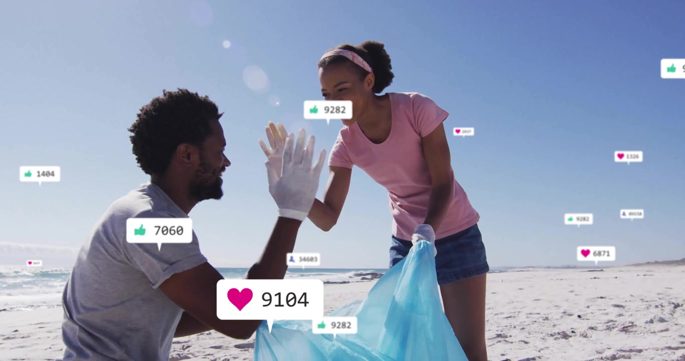 Eco team kneeling on shore scooping bottle trash into bag showing social icons boosting engagement