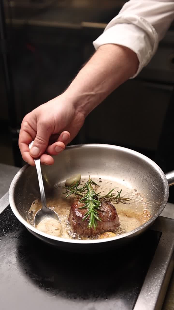 Chef regando bife com alecrim e alho em uma panela