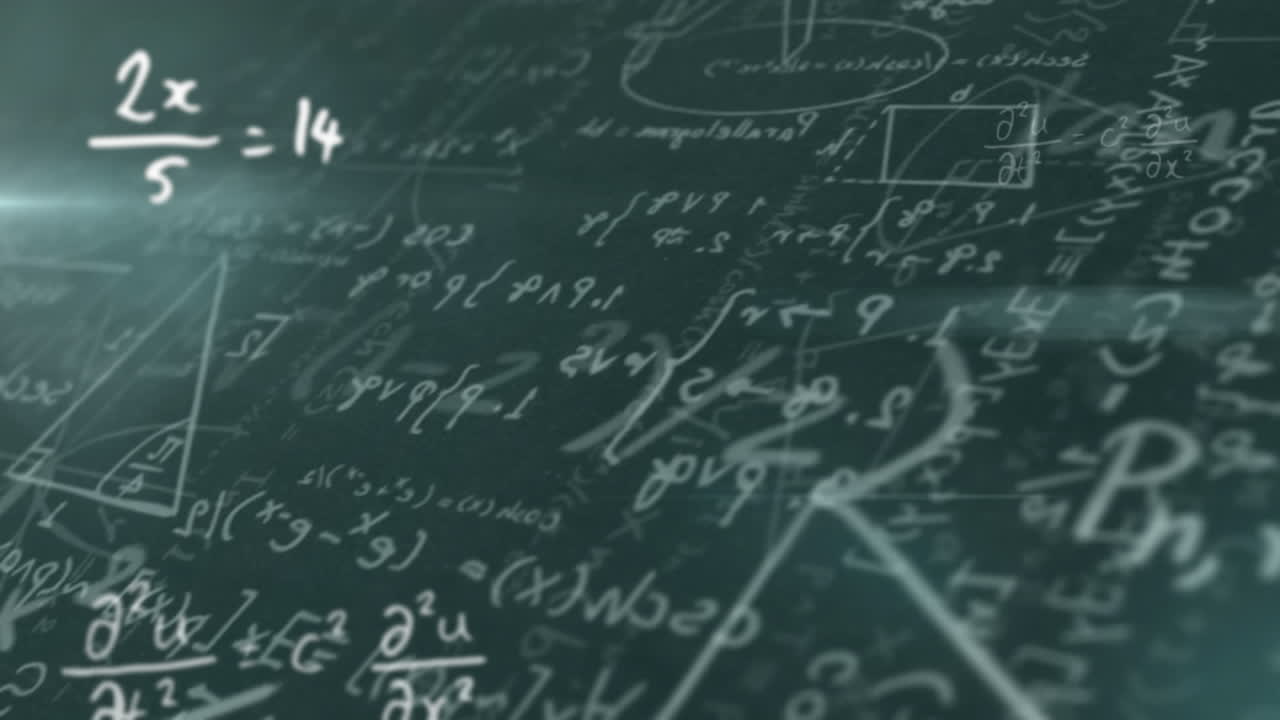 animación digital de ecuaciones matemáticas y diagramas flotando contra un fondo negro