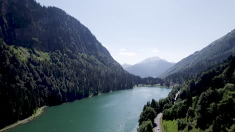 Montriond-See-Mit-Kiefernwald-An-Den-Hängen-Einer-Aufsteigenden-Felsformation,-Von-Oben-Gesehen