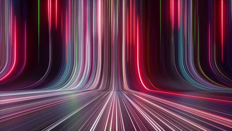 cycled 3d animation. colorful spectrum laser rays sliding down. abstract background with stream of neon lines leaving glowing tracks.