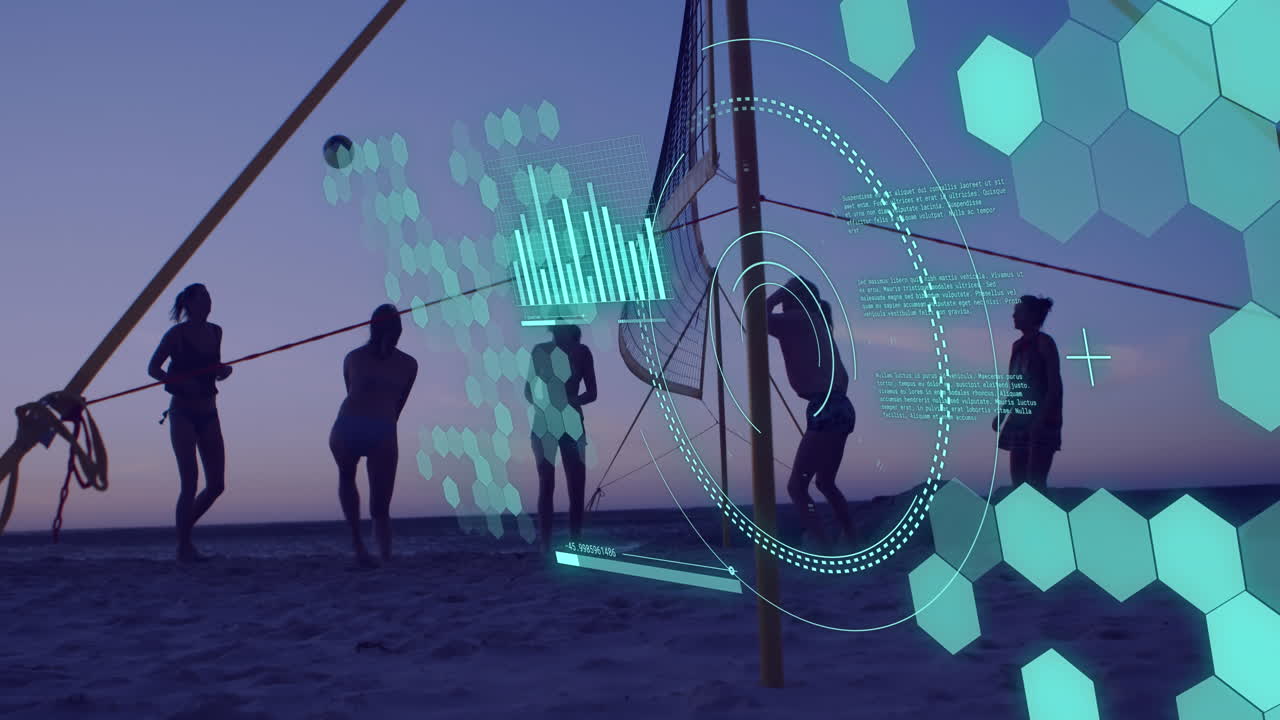 해변에서 배구 경기를 하는 백인 여성들에 대한 스 ⁇  스캐닝과 데이터 처리 애니메이션