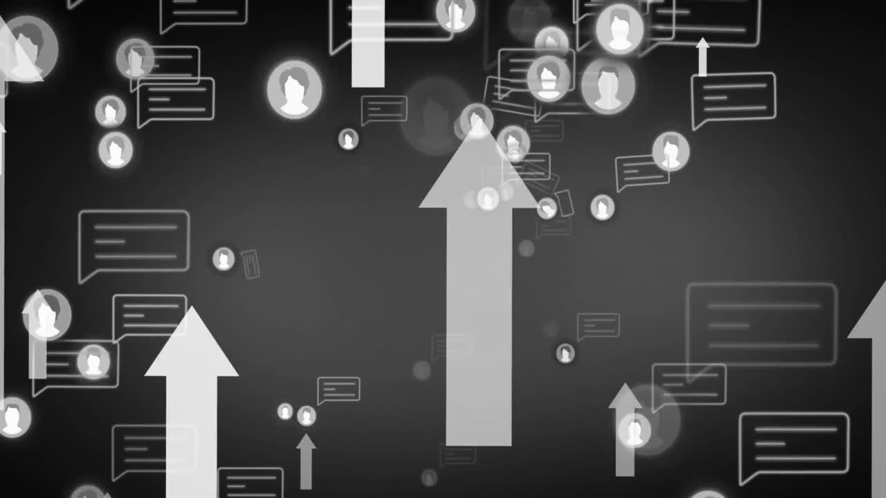 메시지 및 프로파일 아이콘의 애니메이션 검은색 배경에 상향 화살표가 있습니다.