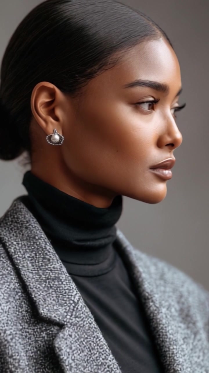 Uno splendido ritratto di grazia: primo piano accattivante di una modella alla moda in un elegante blazer grigio e dolcevita, che mette in mostra la sua eleganza e compostezza.
