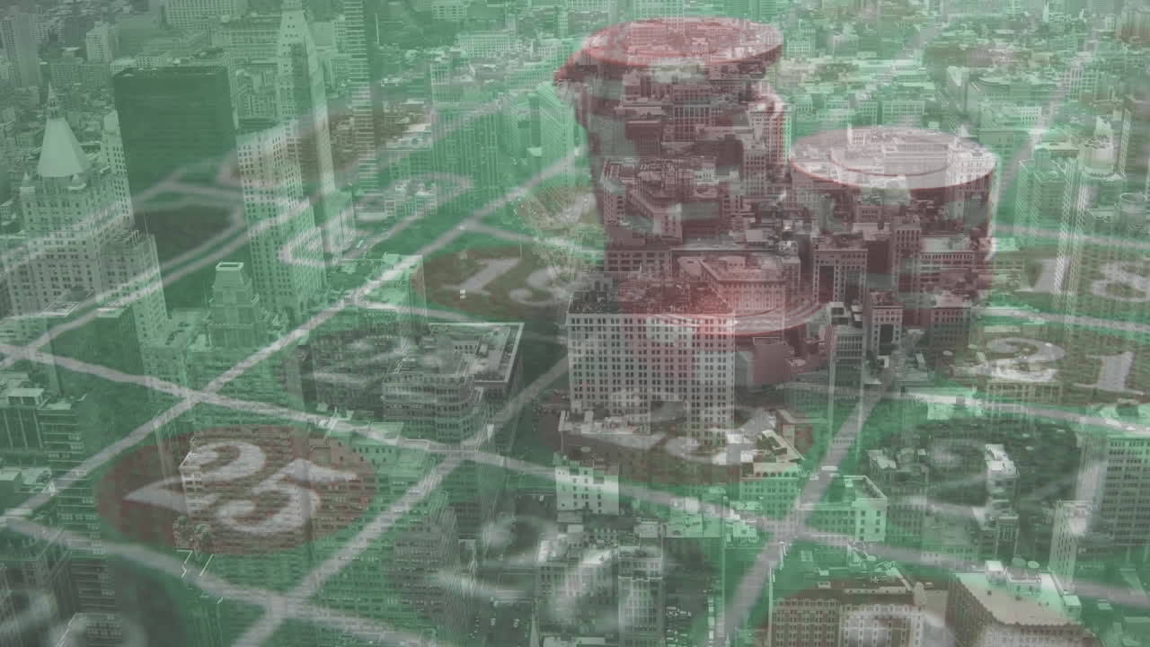 도시 풍경 위에서 플레이하는  ⁇ 의 애니메이션