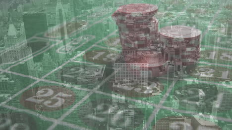 animación de fichas de juego a bordo sobre el paisaje urbano