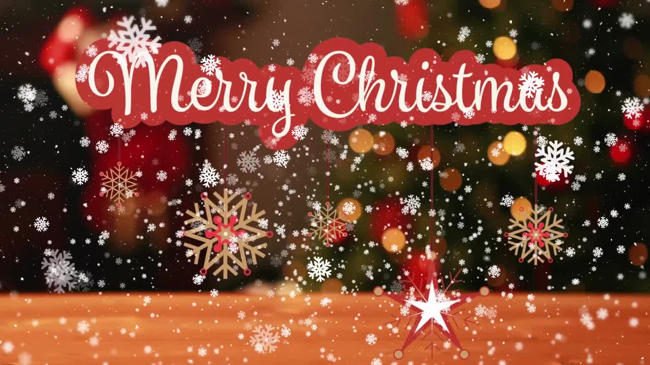 눈, 눈송이 및 흐릿한 크리스마스 조명 위에 메리 크리스마스의 애니메이션