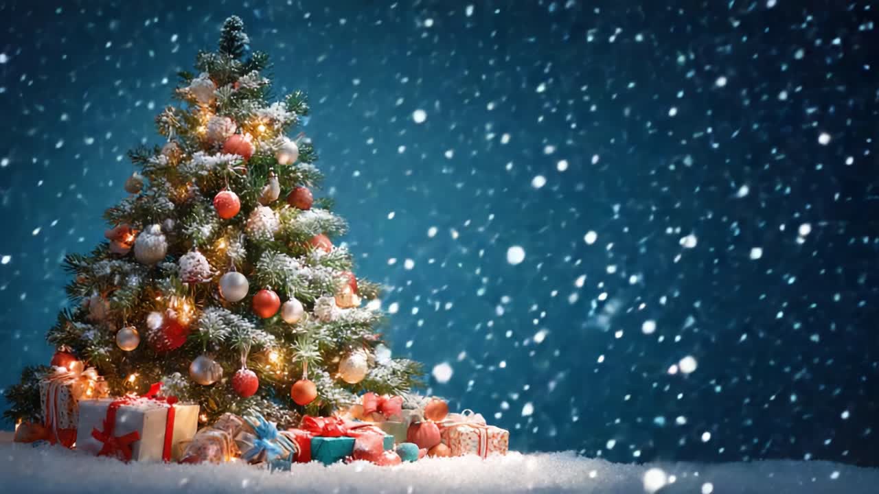 Paesaggio invernale incantato: albero di Natale decorato in modo meraviglioso, circondato da regali sotto una soffice nevicata in un'atmosfera magica.