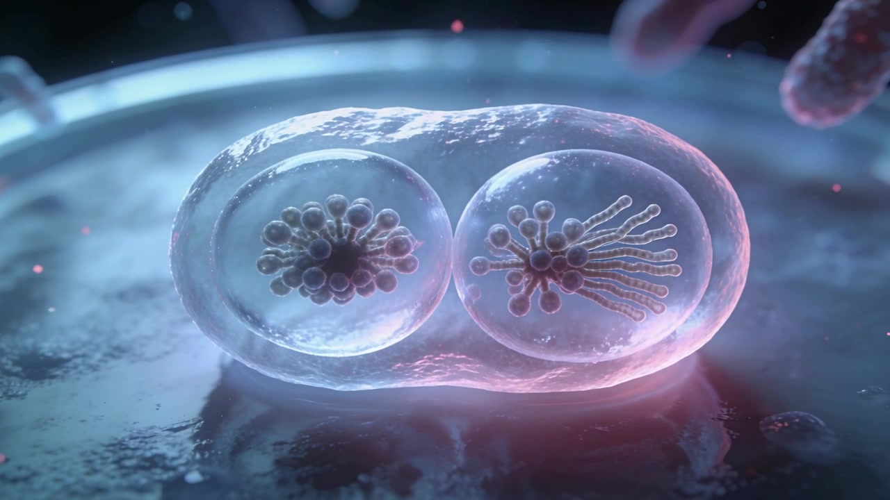 Optagelse af to-delt kapsel, der gennemgår radial filamentvækst på en petriskål, med pipette svævende over