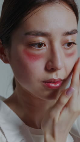 woman applying makeup blush
