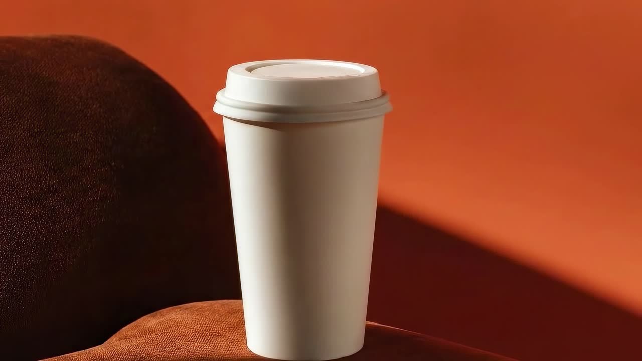 Concepto de video minimalista de una taza de café, filmado desde un ángulo bajo contra un fondo cálido y naranja.