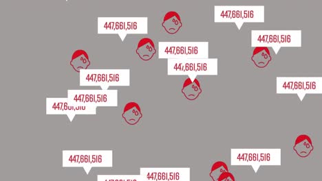 animation of multiple red pictograms of human faces flying with numbers increasing on white speech b