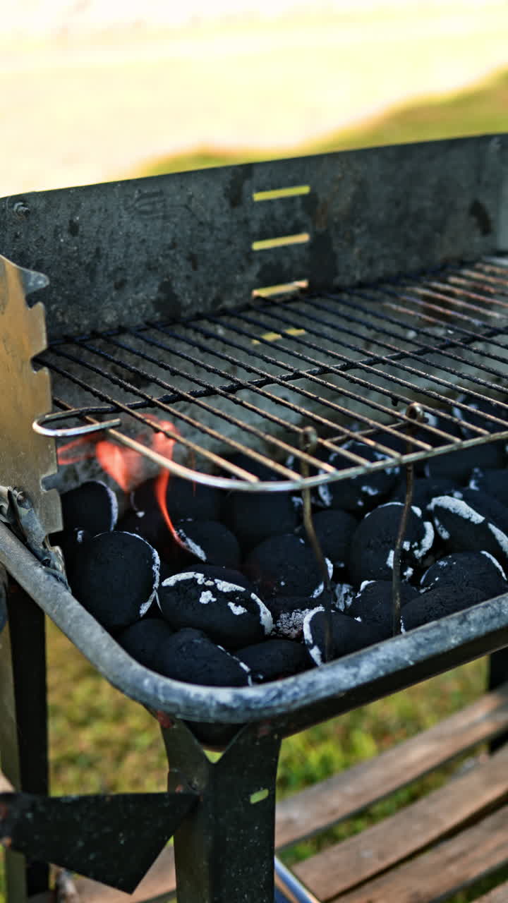 Bricchette di carbone che bruciano in un barbecue all'aperto. Griglia per cuocere la carne all'esterno.