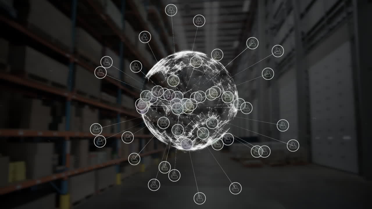 цифровая вращающаяся земля с данными на фоне склада