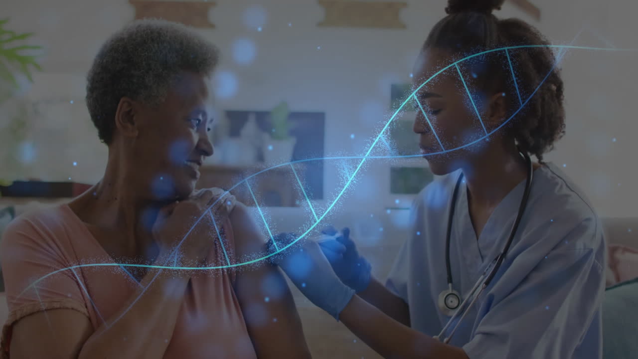 gloved nurse with stethoscope administering vaccine injection home, with digital DNA helix overlay