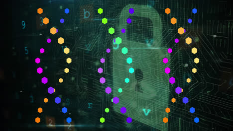 animación del procesamiento de datos sobre cadenas de adn y candado