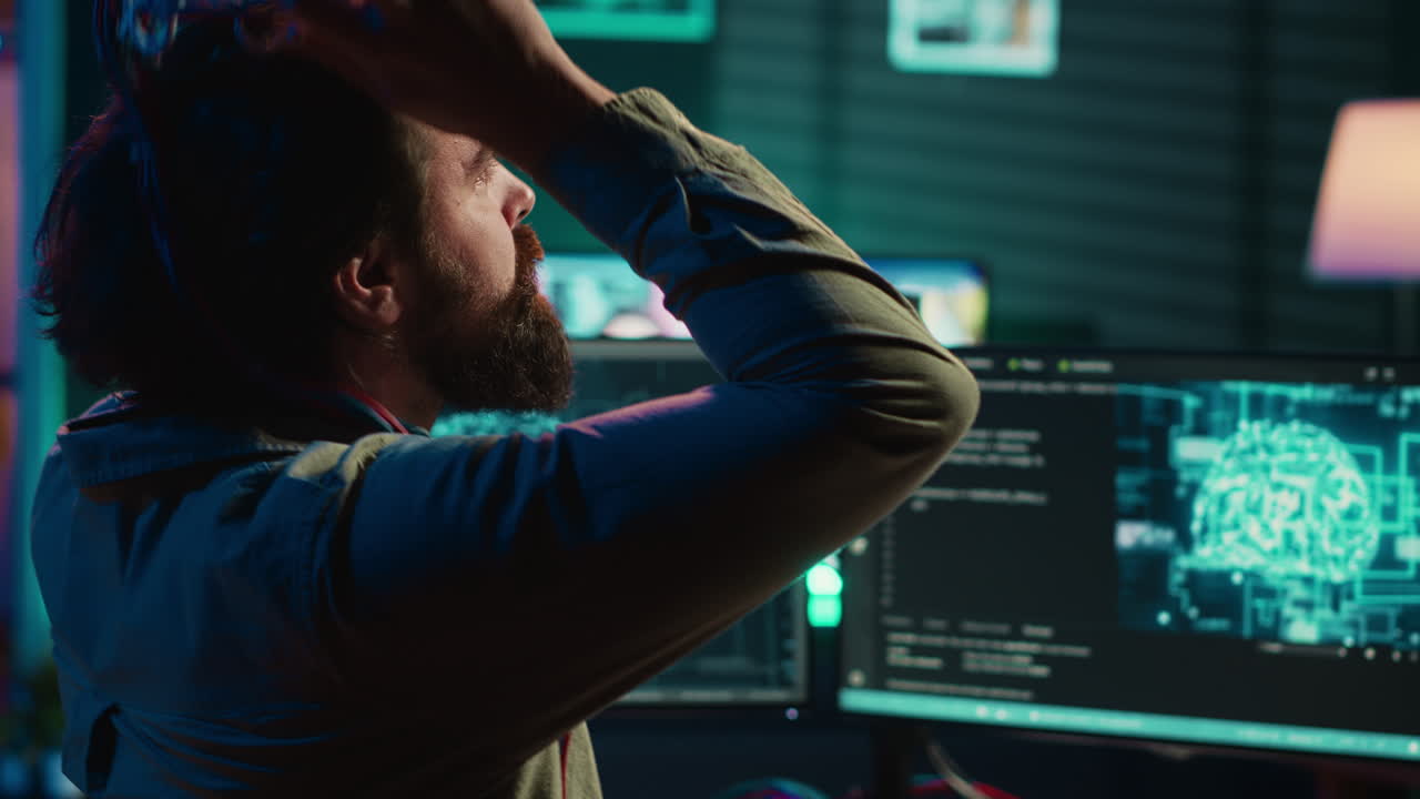 Computer scientist putting EEG headset on, starting mind upload process