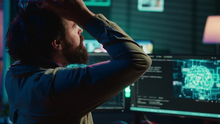 Computer scientist putting EEG headset on, starting mind upload process