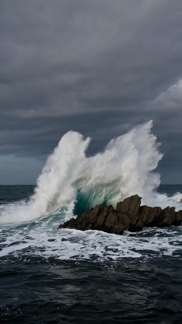 Dramatic video-style capture of waves crashing against rocks, shot from a low angle